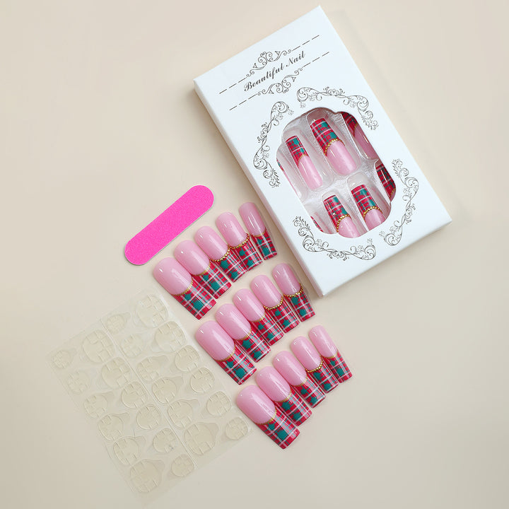Artistic Press-On Nail Set with Plaid and Gold Accents kalsten