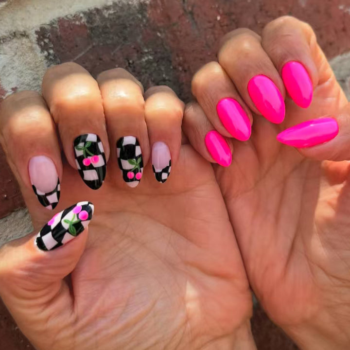 Creative artificial nails with playful cherry and checkerboard design Kalsten