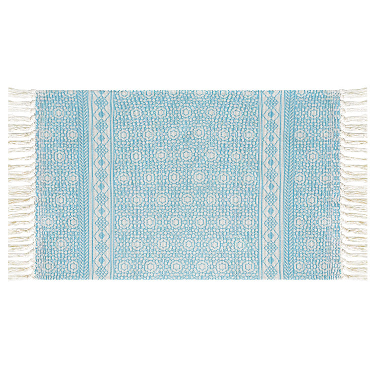 Flat-woven cotton runner with Mediterranean tile jacquard and decorative fringes Kalsten
