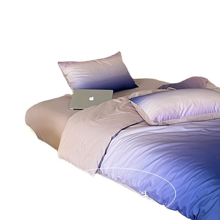 Reversible cotton satin bedding set with a gentle color gradient, wrinkle-free finish, and zipper