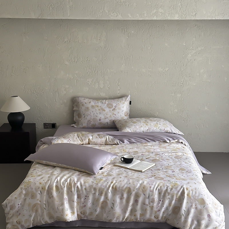 Luxurious satin bedding set with floral watercolor print and silky shiny finish