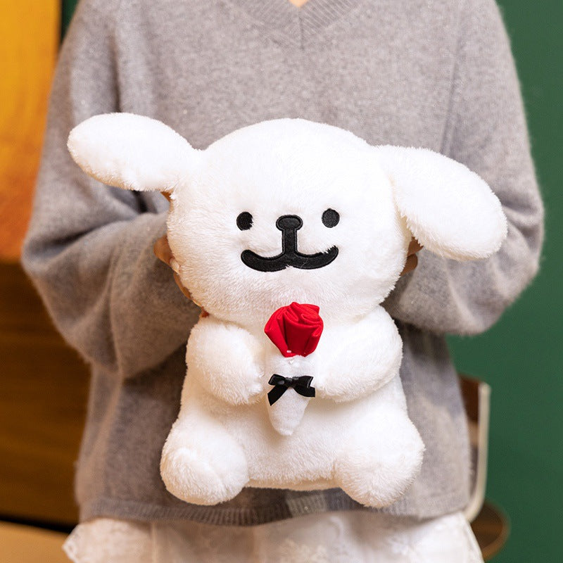 Plush Dog Holding Fabric Rose Decorative Soft Toy with Embroidered Face and Bow Kalsten