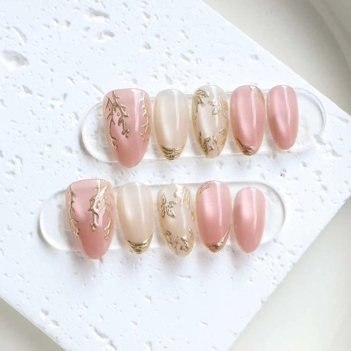 Elegant Press-On Nail Art Set with Gold Leaf Accents Kalsten