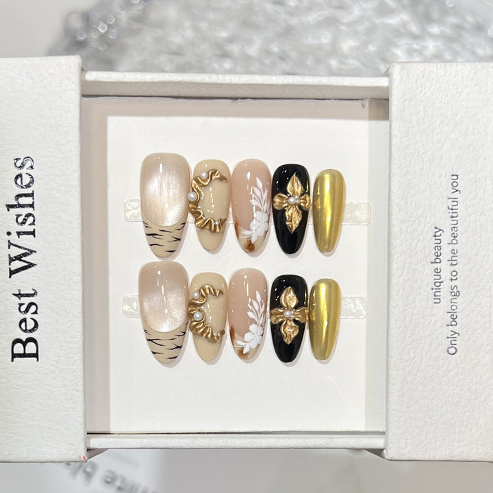 Artistic Press-On Nail Set with Decorative Floral Elements Kalsten