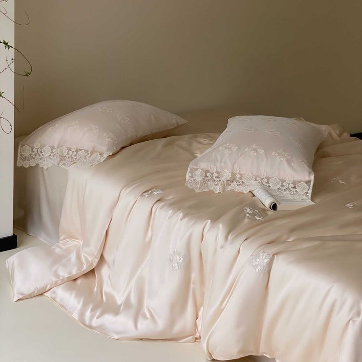 Satin bed linen set with lace trim, floral embroidery & silky touch