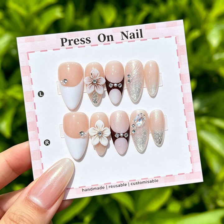 Artistic Press-On Nail Set with Floral and Graphic Designs