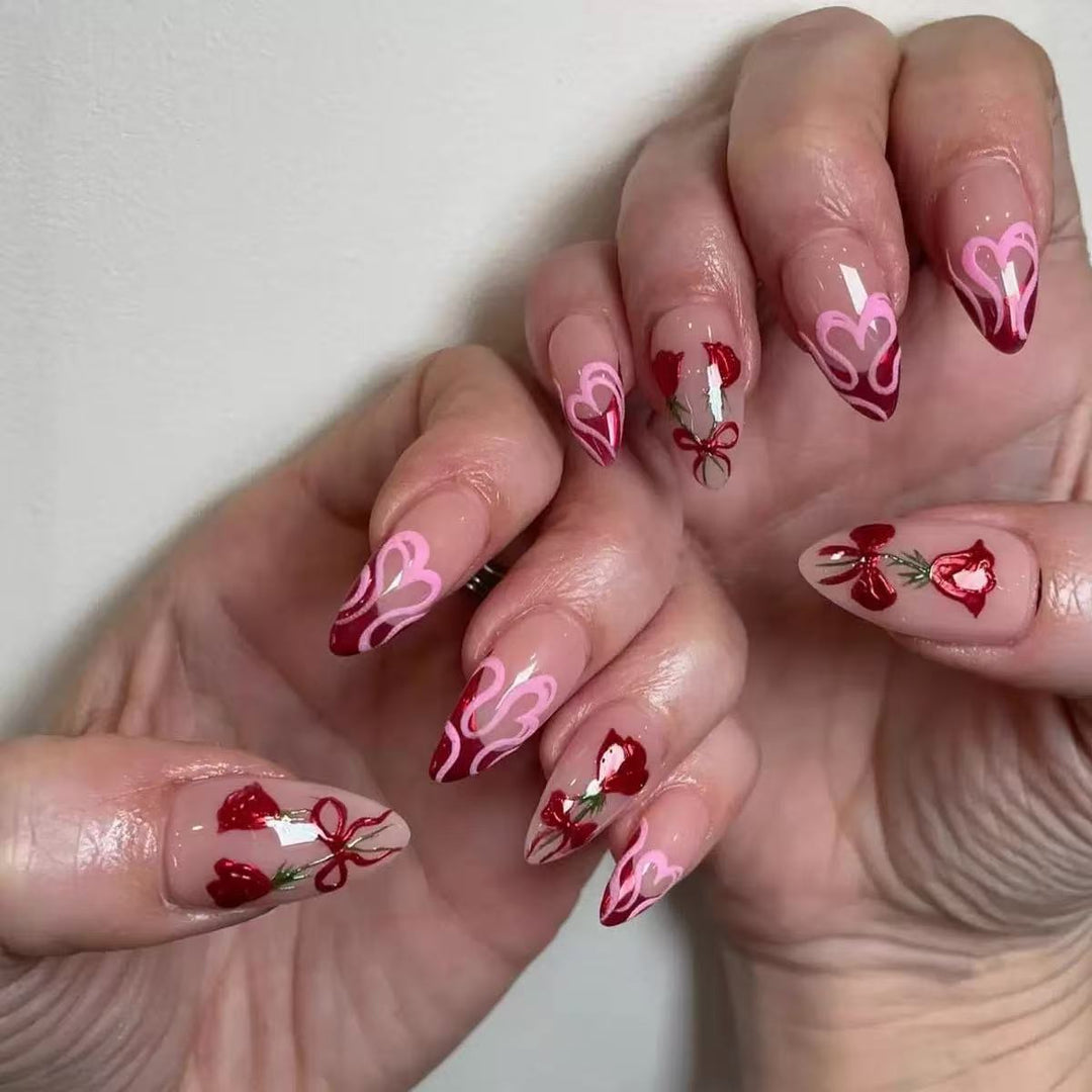 Artificial nail set with romantic heart and rose motifs Kalsten