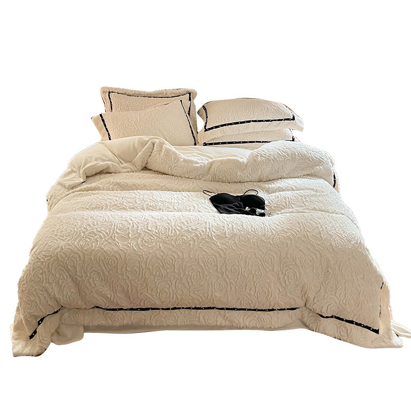 Quilted rose relief bed cover with decorative trim and pillowcases Kalsten
