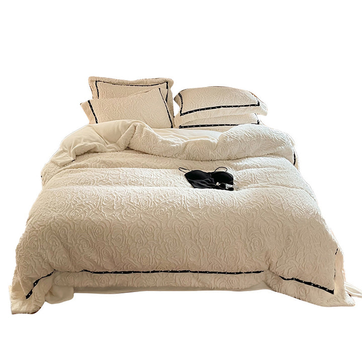 Quilted rose relief bed cover with decorative trim and pillowcases Kalsten