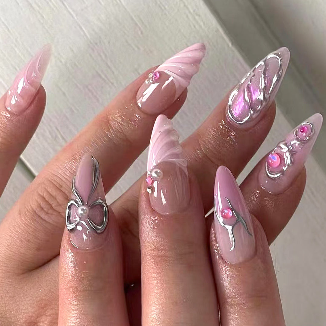 Decorative Stiletto Nail Art Set with Bow and Gem Accents Kalsten