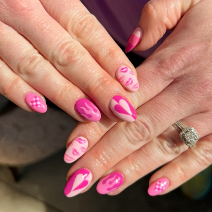 Artistic Press-On Nail Set with Heart and Flame Design Kalsten