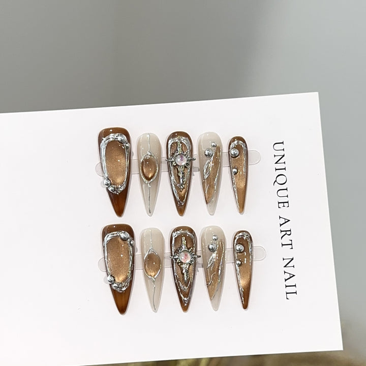 Artistic Press-On Nail Design Set with Unique Gemstone Accents