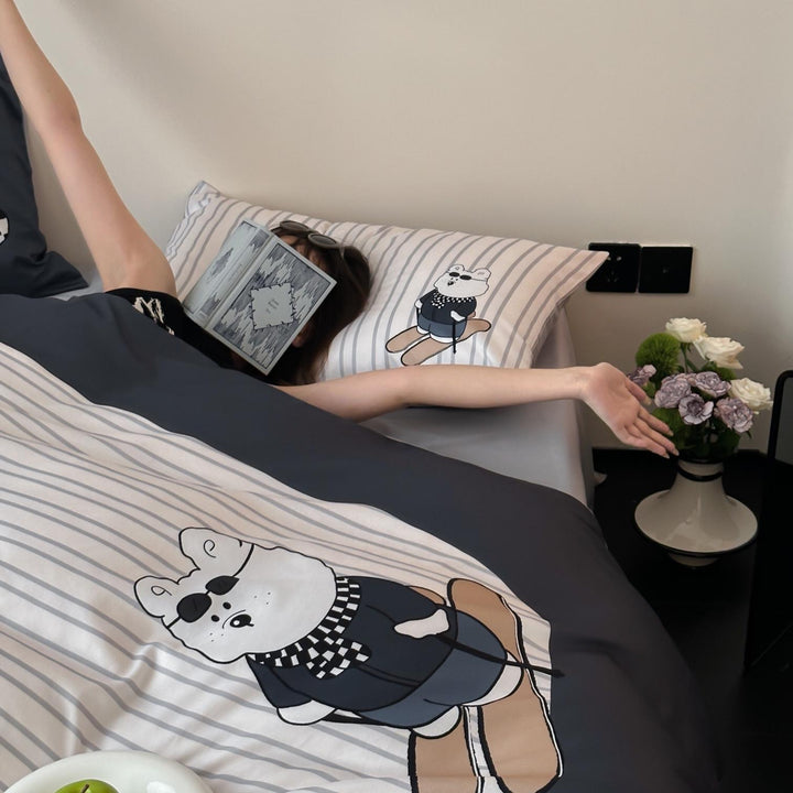 Bedding set made of cotton satin with teddy bear and breakfast print