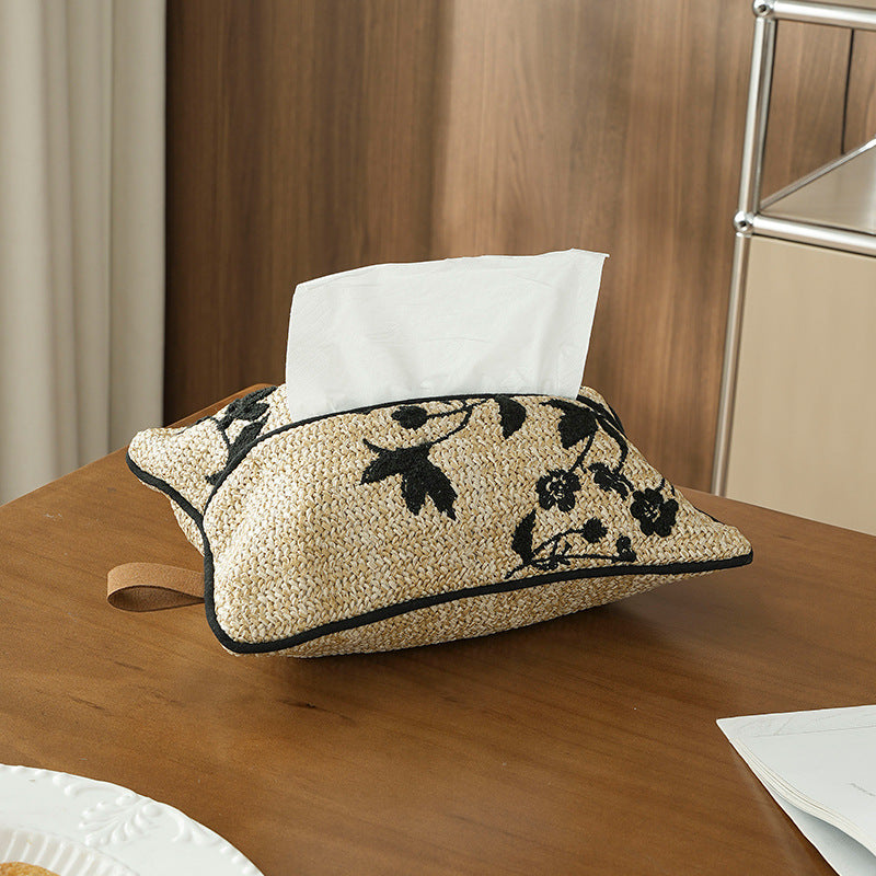 Woven tissue box cover in straw look with embroidered flower motif Kalsten