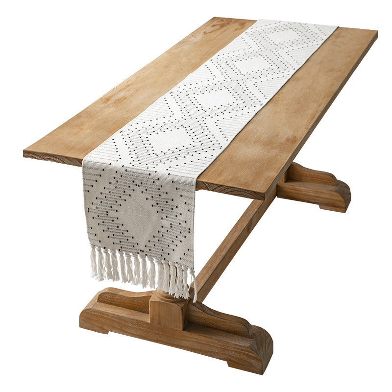 Handwoven table runner made of cotton blend with fringes and geometric dot jacquard Kalsten