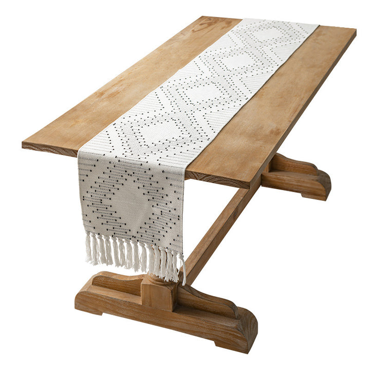 Handwoven table runner made of cotton blend with fringes and geometric dot jacquard Kalsten