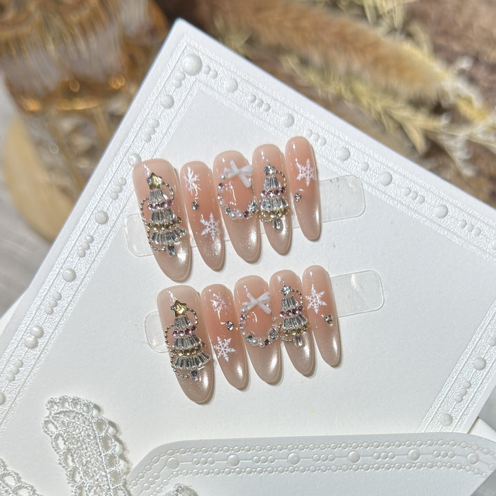 Decorative Stiletto Press-On Nail Art Set with Snowflake and Gemstone Accents Kalsten