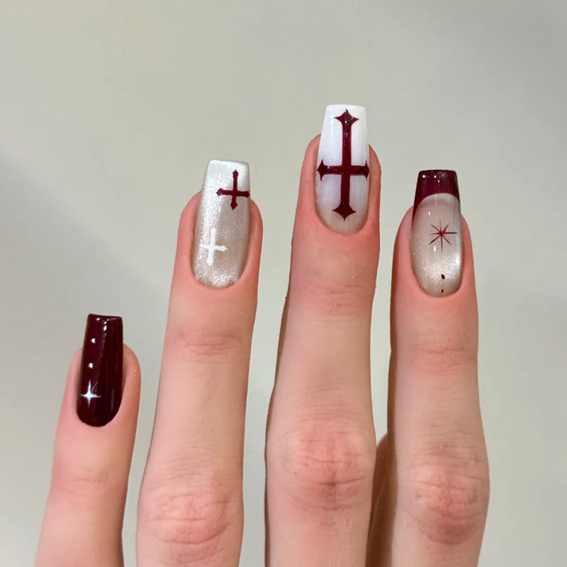 Artistic Press-On Nail Set with Cross Designs Kalsten