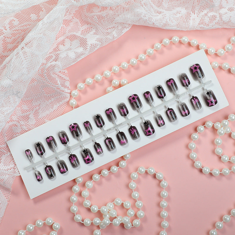 Artistic Press-On Nail Set with Star and Bow Designs