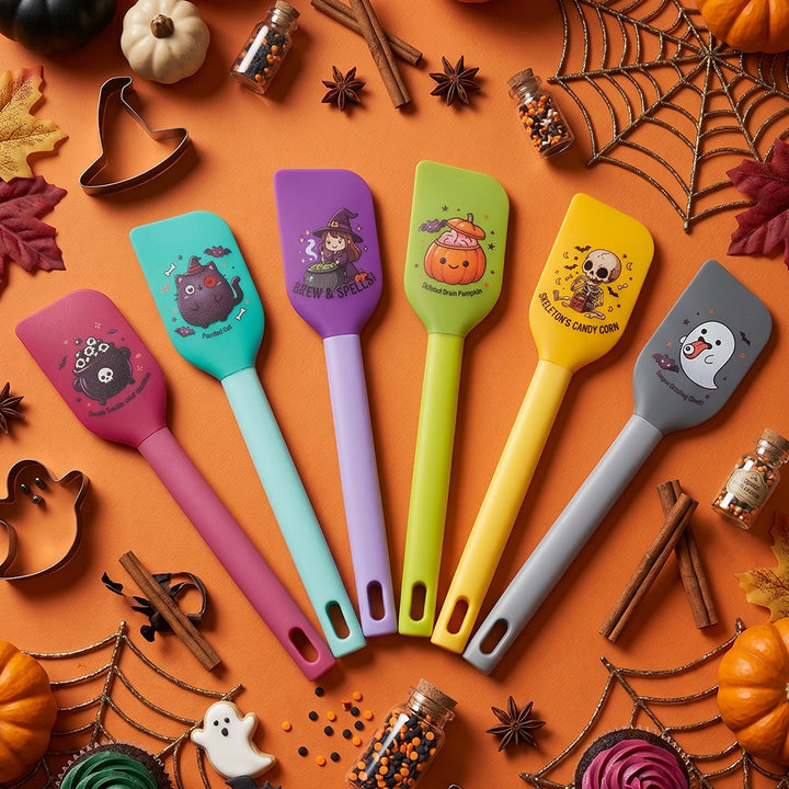 Silicone kitchen spatula with flexible scraper and child-friendly witch motif