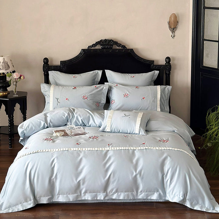 Elegant cotton satin bedding set with fine rose embroidery and pleated ruffle