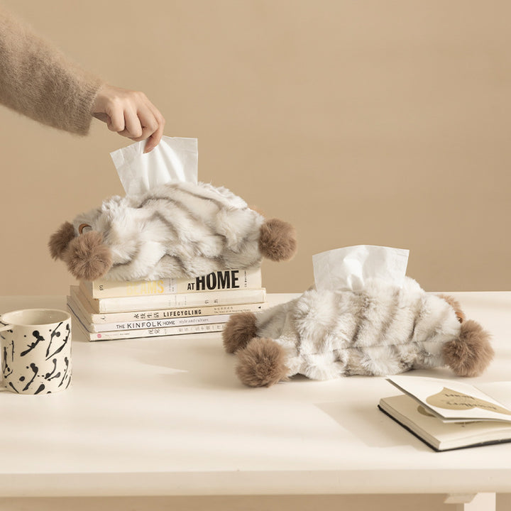 Decorative faux fur tissue box cover with pom poms and hanging handle Kalsten