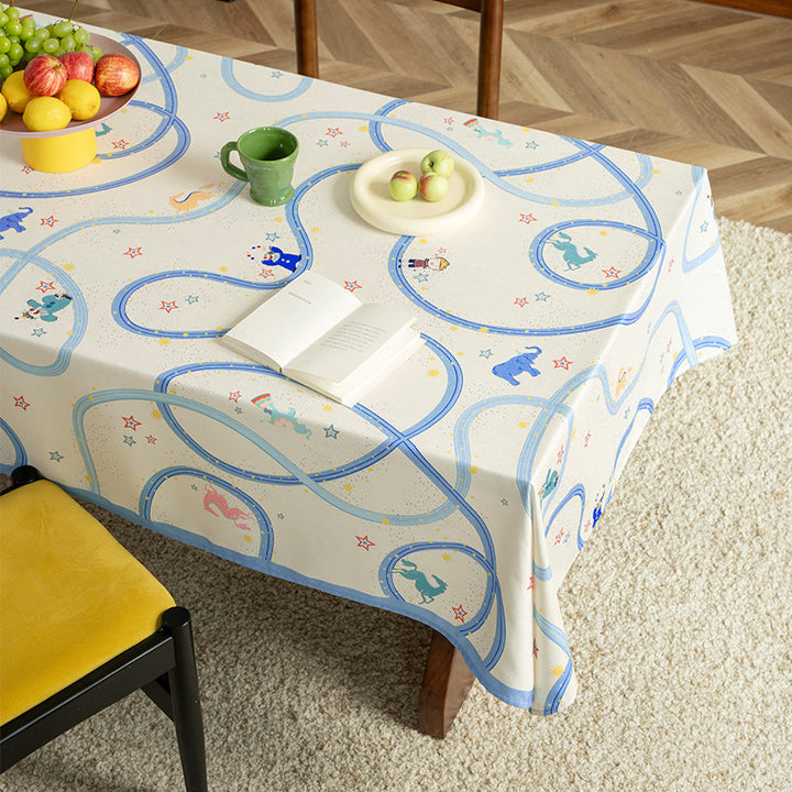 Child-friendly wipeable tablecloth with playful train and animal motif Kalsten
