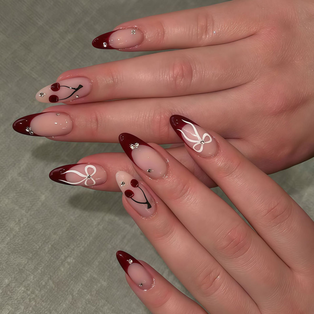 Artistic Stiletto Press-On Nail Set with Cherry and Bow Designs Kalsten
