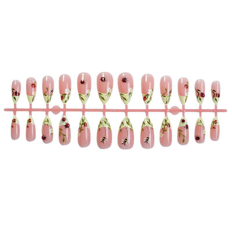 Floral Print Press-On Nails Set with Ladybug and Bee Designs Kalsten