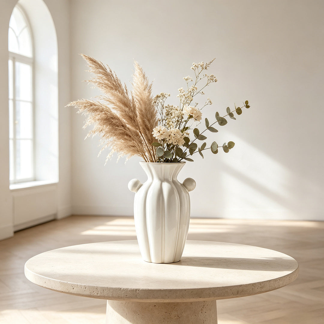 Hand-crafted fluted ceramic decorative vase with sculpted side handles