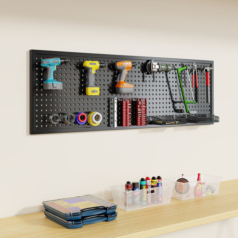Wall-Mounted Perforated Metal Tool Pegboard Organizer Panel with Modular Hooks and Wire Baskets
