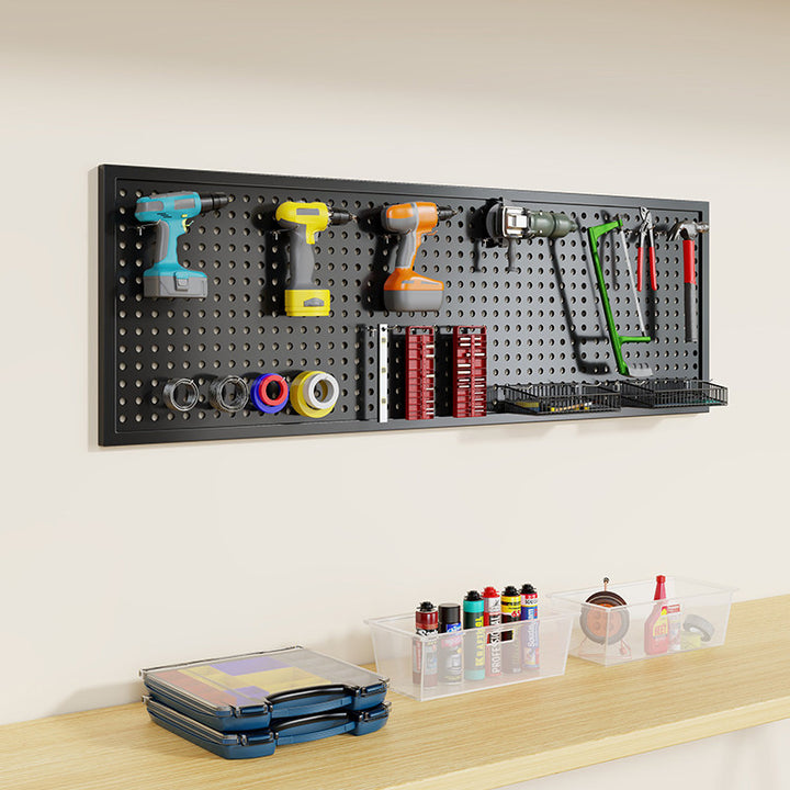 Wall-Mounted Perforated Metal Tool Pegboard Organizer Panel with Modular Hooks and Wire Baskets