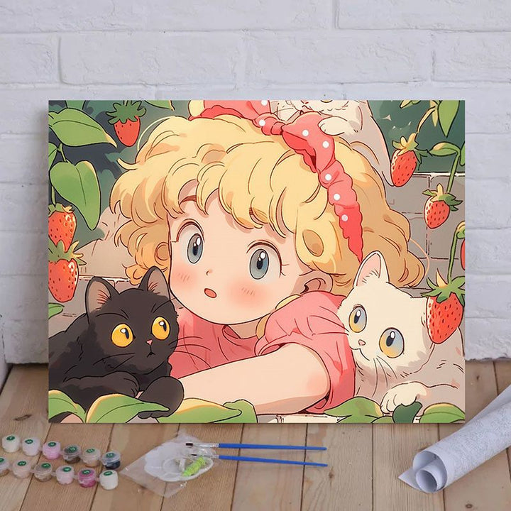Cartoon Cat and Girl Themed Canvas Paint by Numbers Art Kit Kalsten
