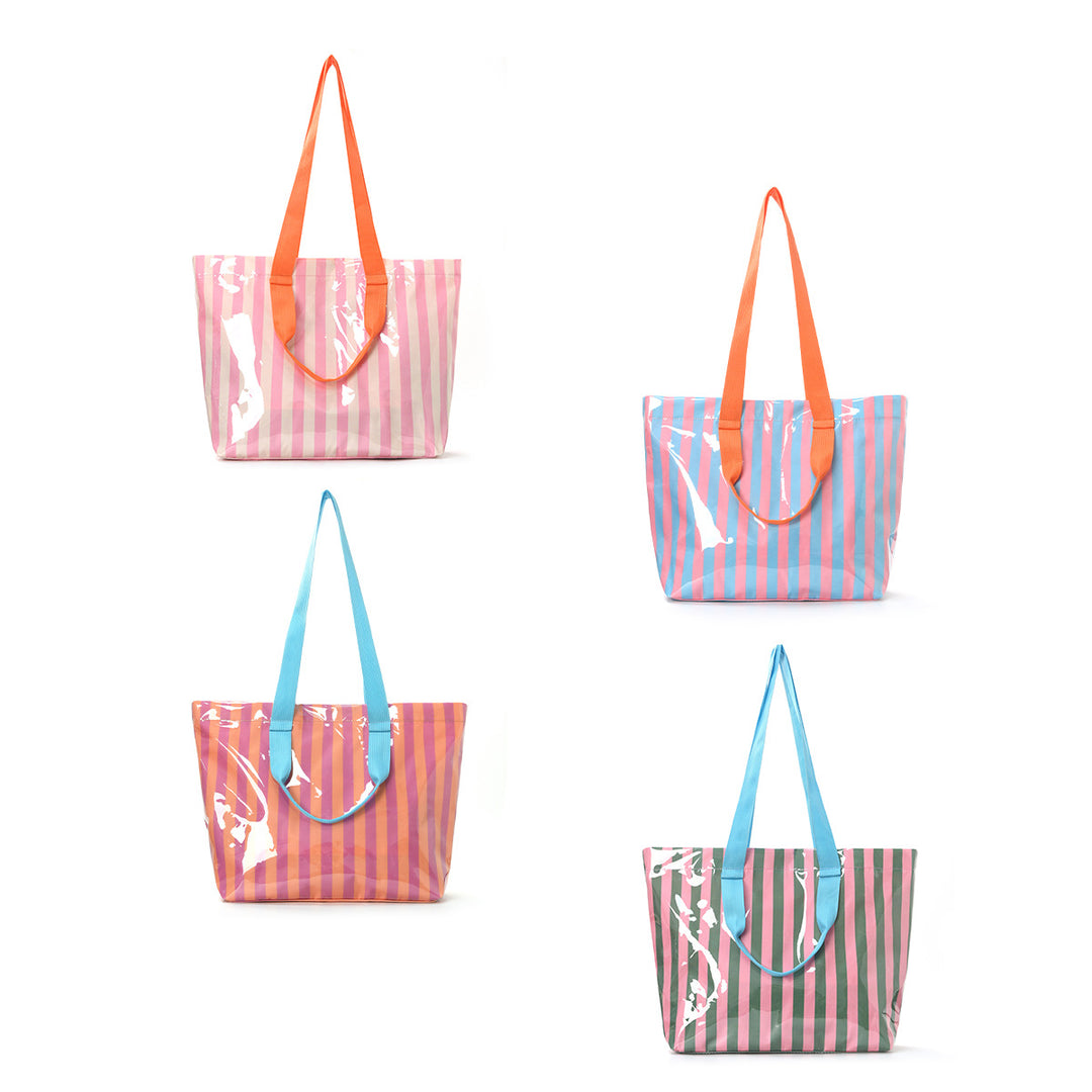 Spacious beach bag with transparent design and colorful stripes Kalsten