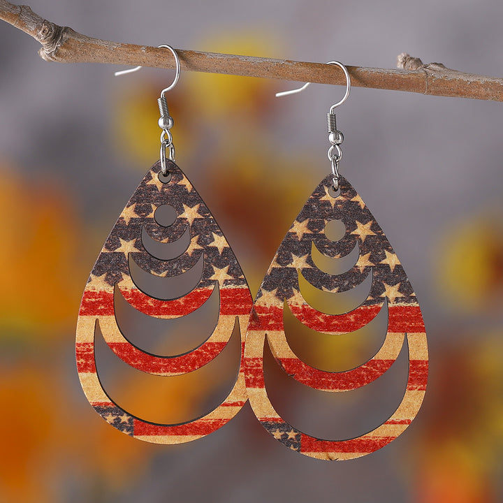 Ladies' nan teardrop-shaped wooden earrings with multi-layer star and stripe appliqué and nickel-free ear hooks Kalsten