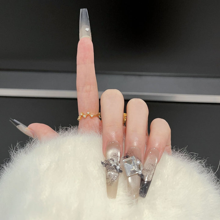 Artistic Press-On Nail Set with Unique Lace and Gemstone Accents Kalsten