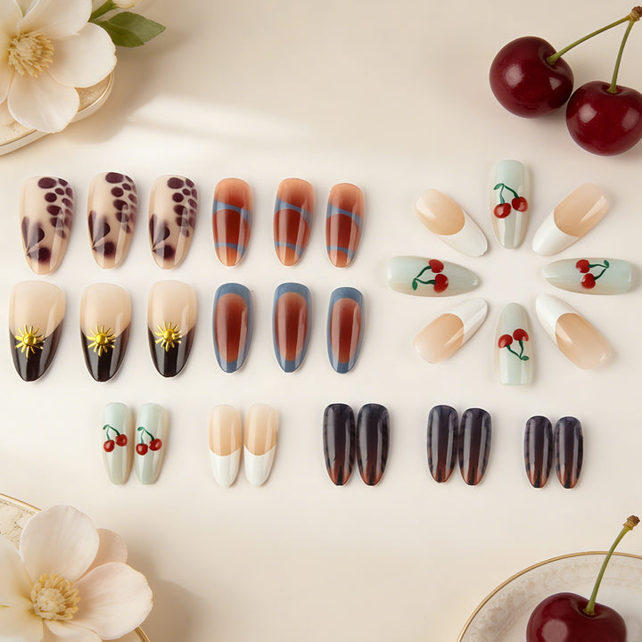 Artistic Press-On Nail Set with Floral and Geometric Patterns Kalsten