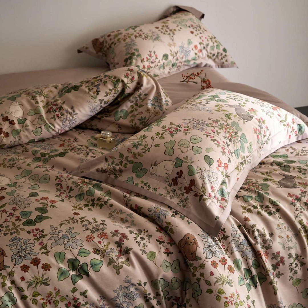 Luxurious satin bedding set with floral and berry design