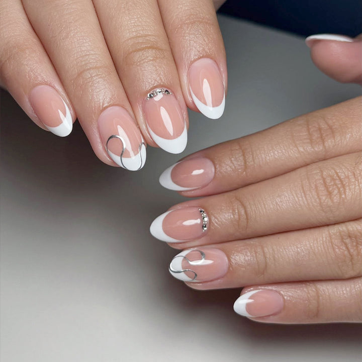 Elegant French Tip Press-On Nail Set with Decorative Accents Kalsten