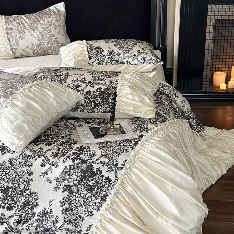 Premium cotton satin duvet cover set with ruffled frill and decorative bed skirt