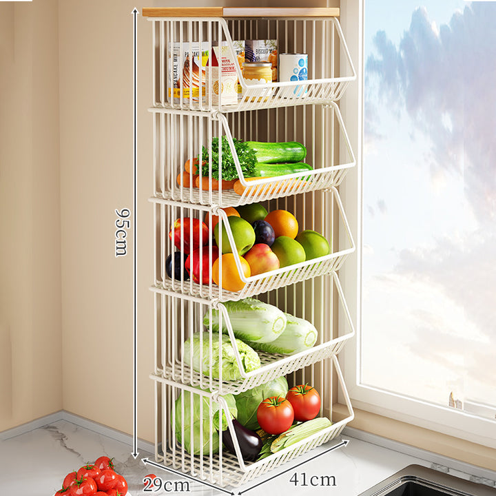 Countertop Wooden-Top Metal Wire Produce Storage Basket with Front-Tilt Access
