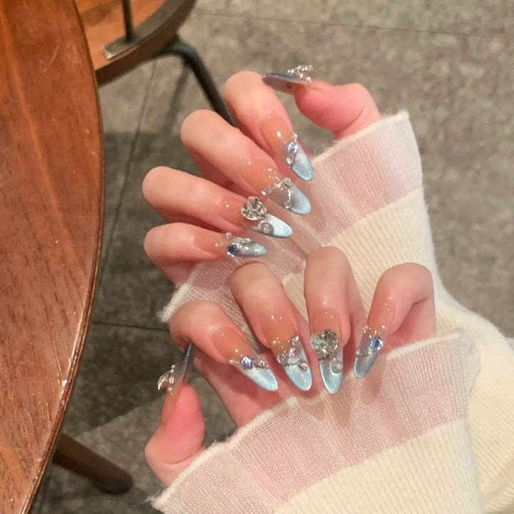 Artistic Press-On Nail Art Set with Floral and Gemstone Accents Kalsten