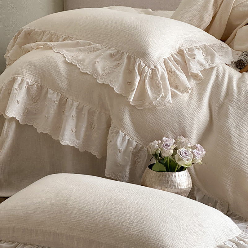 Romantic bedding set made of cotton-linen with embroidered lace, ruffle, and bed skirt