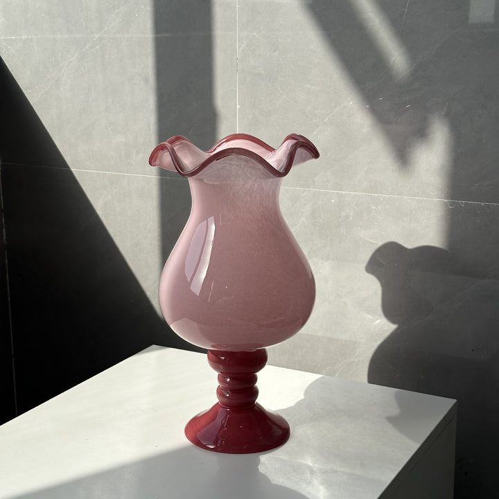 Handblown Ruffled-Rim Bulb-on-Pedestal Art Glass Vase Kalsten