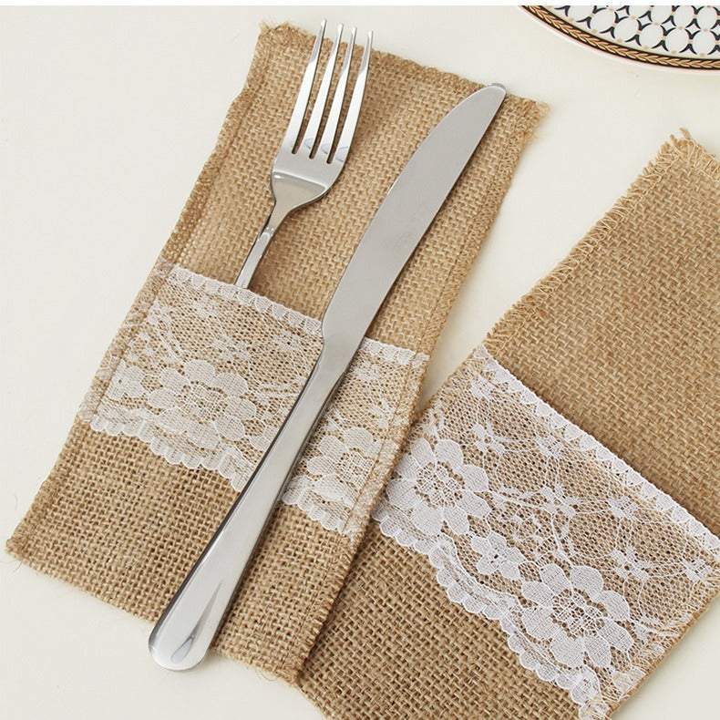 Decorative cutlery napkins made of jute with lace trim