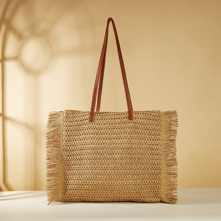 Large Woven Beach Bag with Fringes and Leather Handles Kalsten