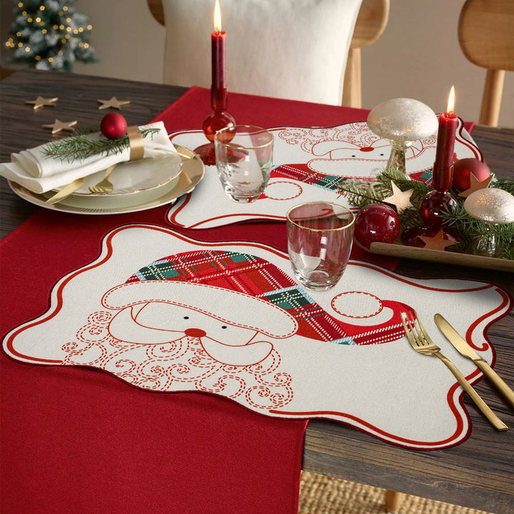 Rectangular Christmas floor rug with embroidered reindeer motif and check pattern