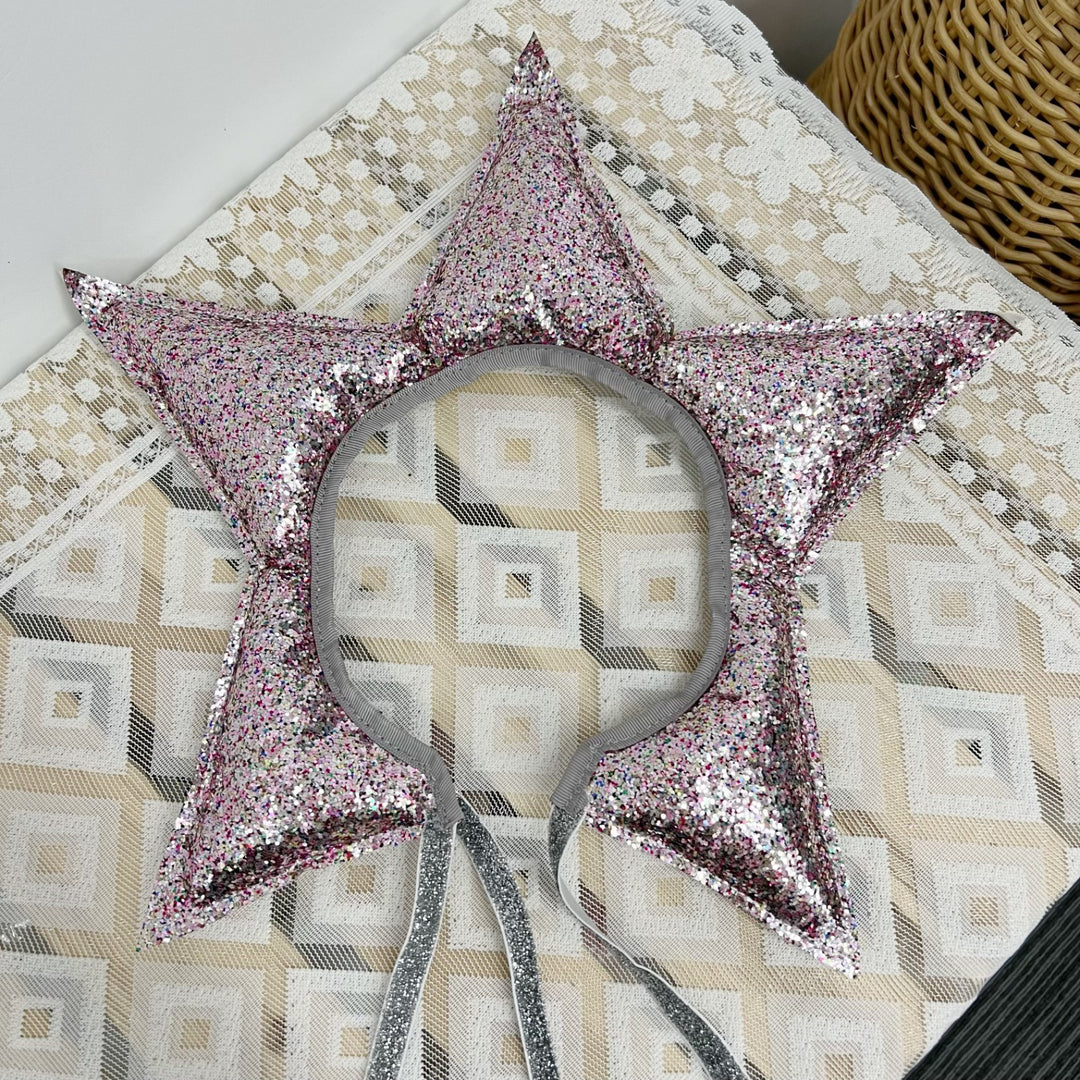 Glitter Star Point Headband Crown with Ribbon Ties