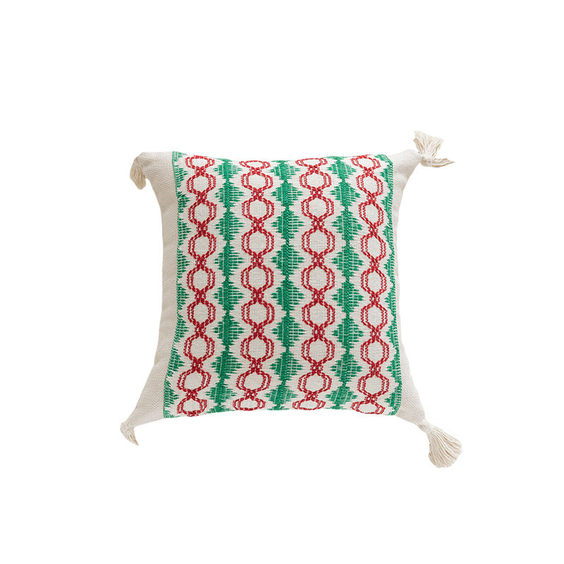 Square Handloom Cotton Accent Pillow with Vertical Embroidered Geometric Bands and Knotted Corner Tassels