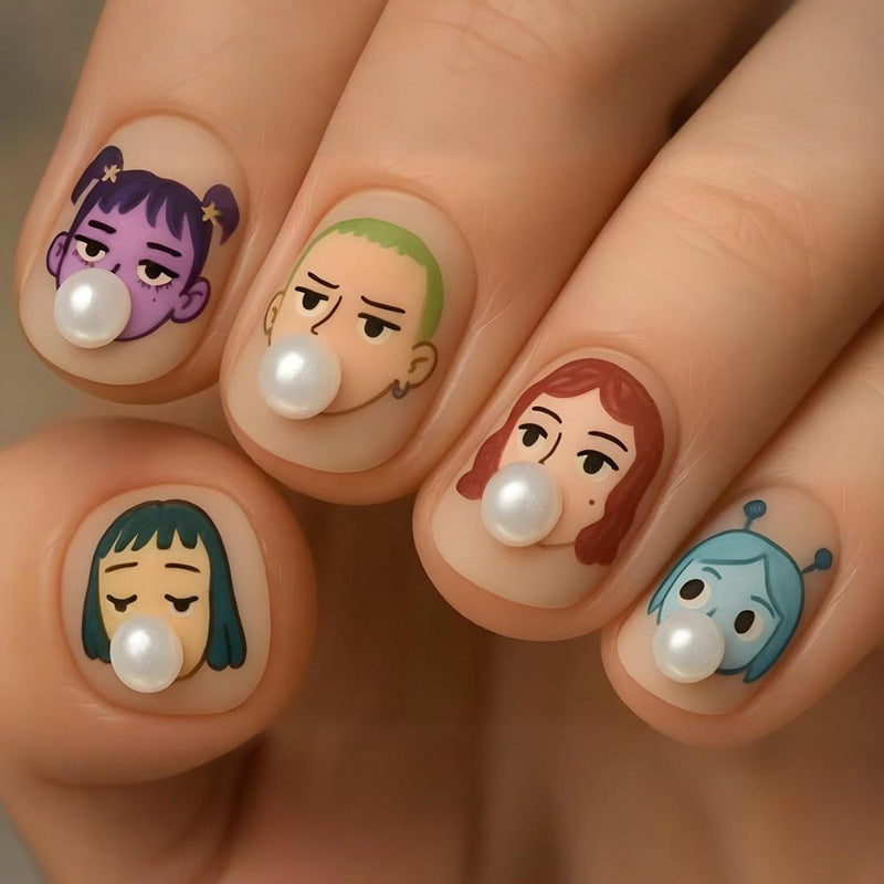 Artifical nail set with creative character designs and elegant pearl accents Kalsten